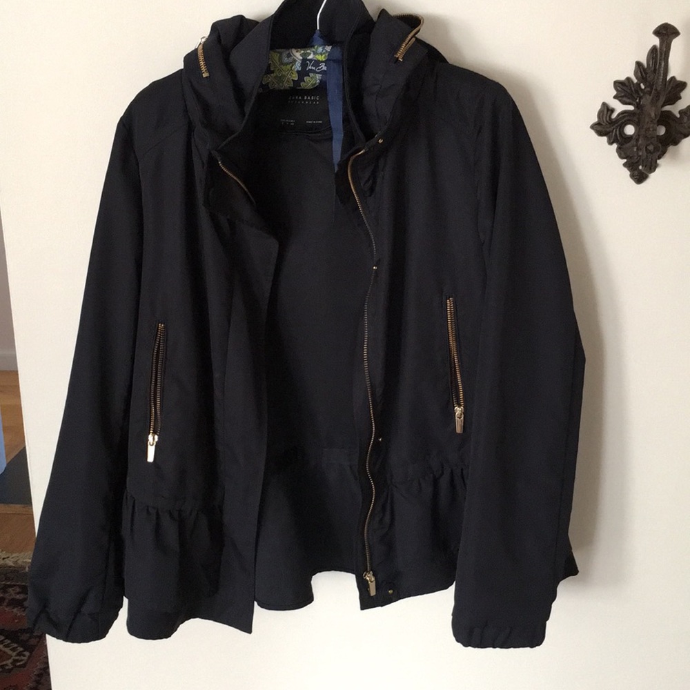 Zara navy peplum hooded raincoat
